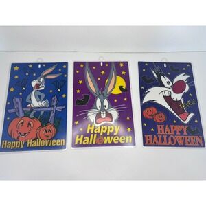 3 VINTAGE LOONEY TUNES HAPPY HALLOWEEN BUGS BUNNY 9x6 Window Suction Cup Hanger